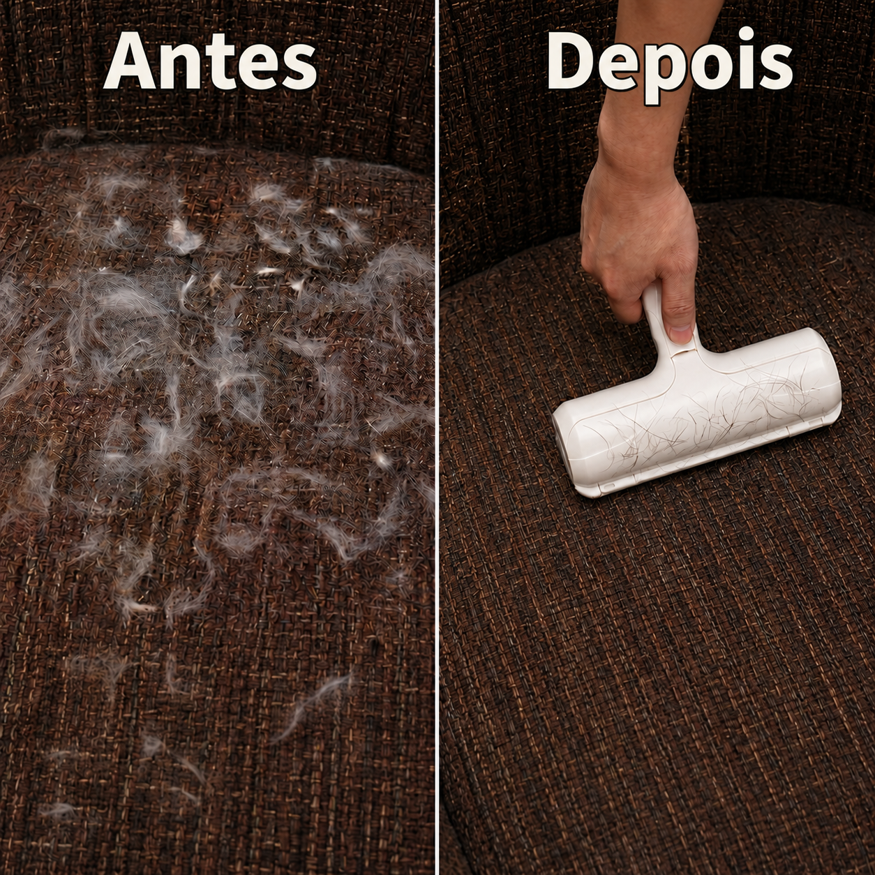 Antes e depois da remoção de pelos com o removedor reutilizável PawRide