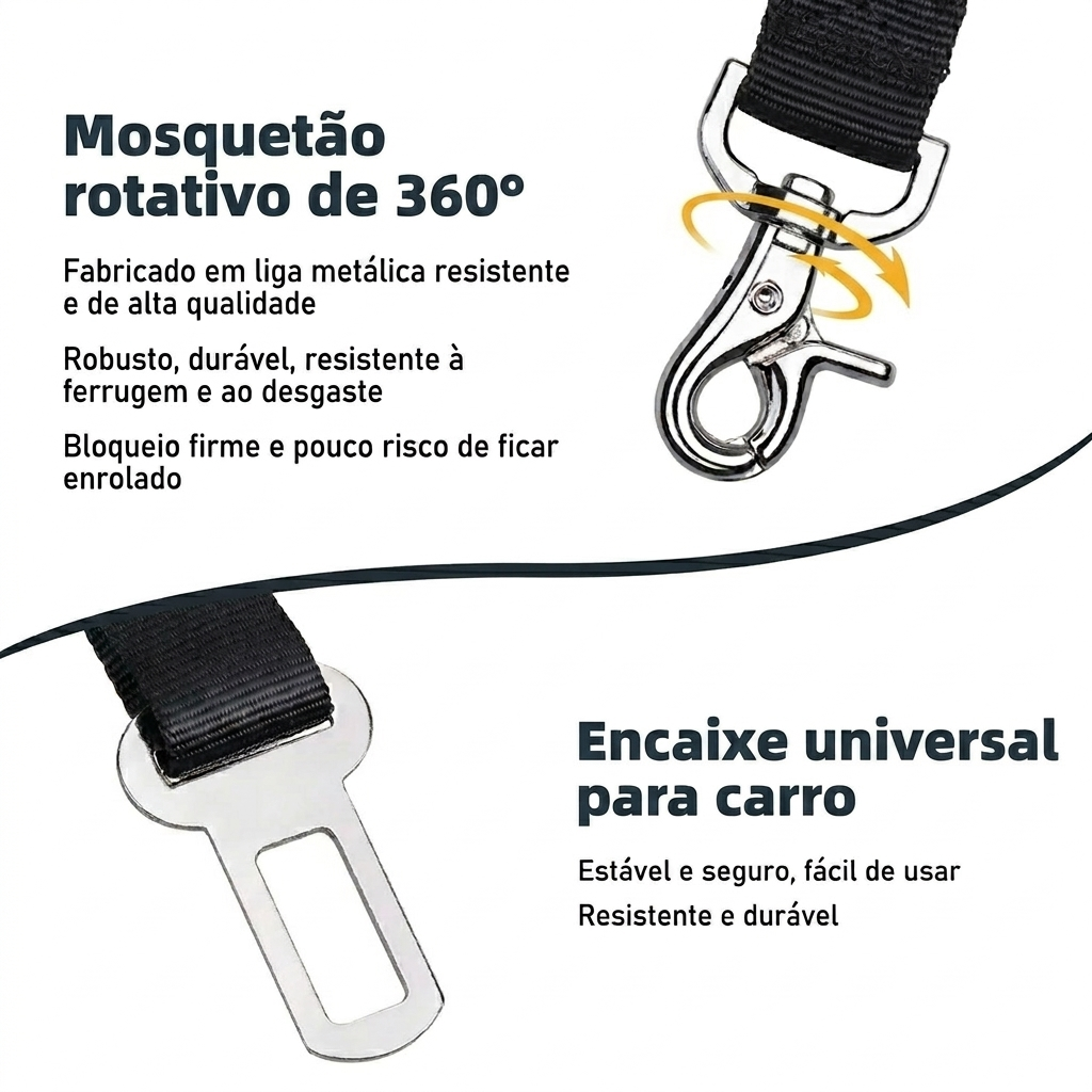 Fivela de segurança PawRide com rotação de 360 graus e encaixe universal para carro